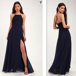 Lulus Love Always Remains Navy Blue Lace Maxi Dres